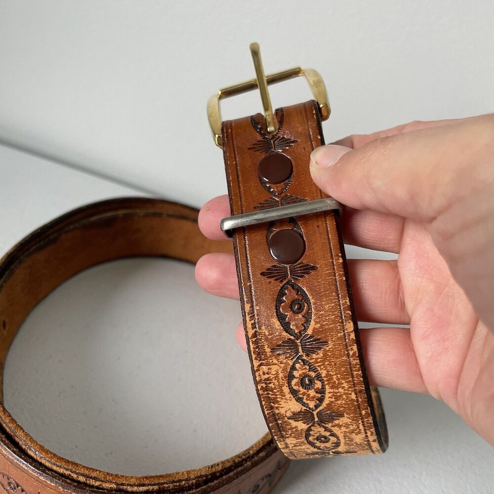 Vintage Western Leather Belt Patterned Leather Brown Gold Buckle 49.5" Long - Picture 3 of 7